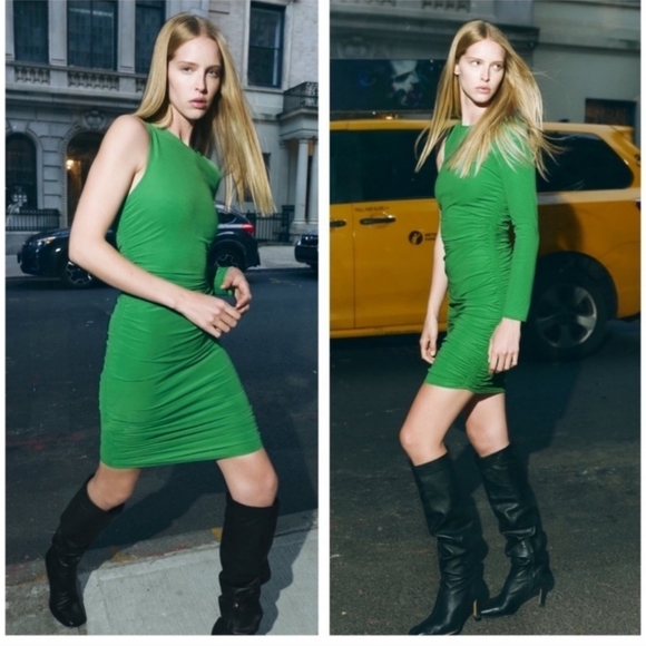 Zara Green Ruched One Sleeve Dress Size S Kelly Green Bodycon Edgy - Picture 4 of 7